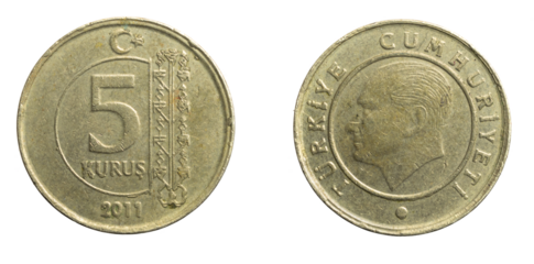 Turkey five kurus coin on a white isolated background