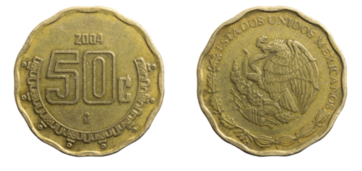 Mexico fifty peso coin on a white isolated background