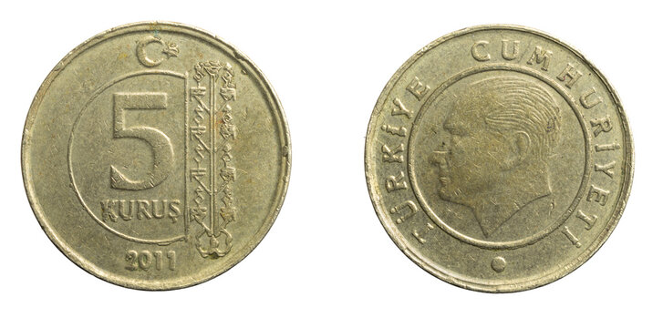 Turkey five kurus coin on a white isolated background