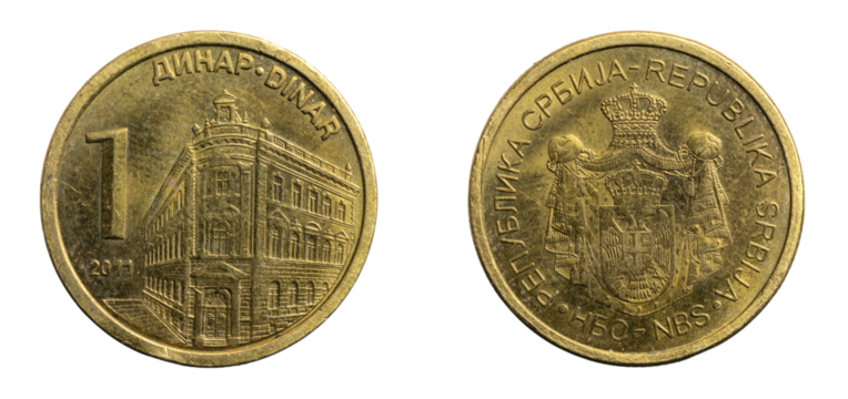 Serbia one dinar coin on a white isolated background