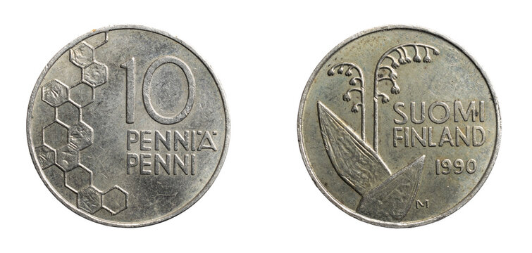 Finland ten penni coin on a white isolated background