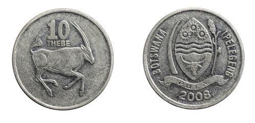 Botswana ten thebe coin on a white isolated background