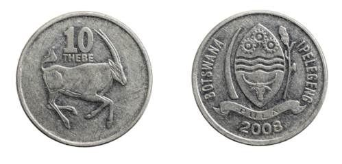 Botswana ten thebe coin on a white isolated background