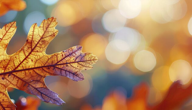 Close up of a golden brown oak leaf with visible veins against a warm blurred background of autumn bokeh lights and soft sunlight