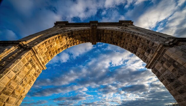Ancient Stone Archway Against a Dramatic Blue Sky with Wispy Clouds and Golden Sunlight Highlights