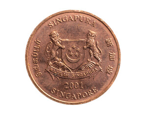 Singapore one cent coin on a white isolated background