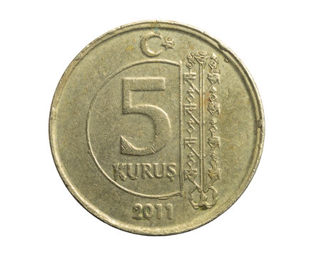 Turkey five kurus coin on a white isolated background