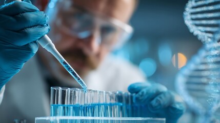 Scientist Conducts Precision Experiment Using Pipette on Test Tubes Filled with Vibrant Blue Solution in Laboratory Setting