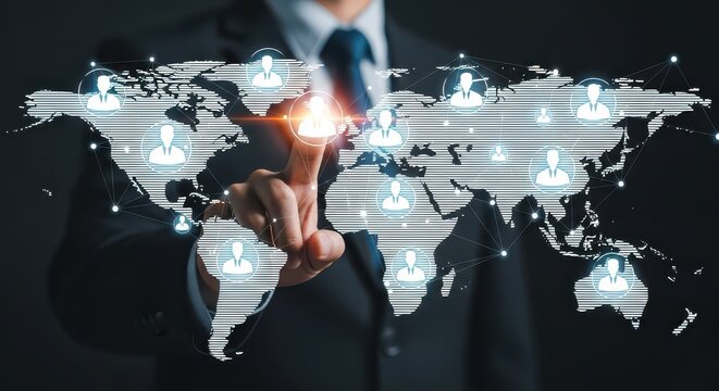 Businessman Touching Global Network World Map with User Icons for International Business Collaboration