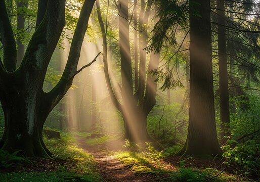 Misty forest illuminated by morning sunlight - Powered by Adobe