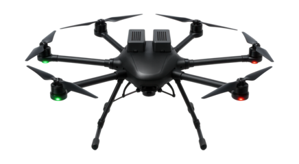 Octocopter drone featuring dual battery slots and LED navigation lights.