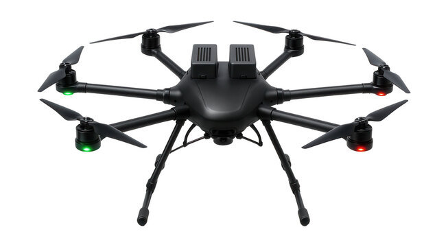 Octocopter drone featuring dual battery slots and LED navigation lights.