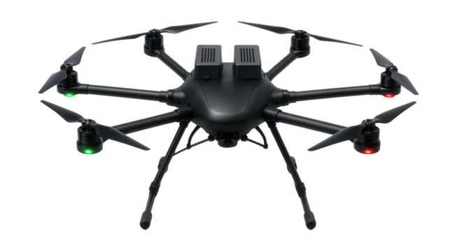 Octocopter drone featuring dual battery slots and LED navigation lights.