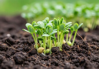 Young seedlings sprouting from fertile soil