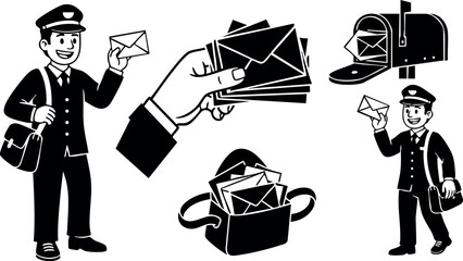 Mailman delivering letters with envelope and mailbox vector illustration