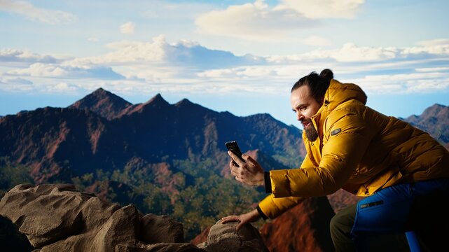 Careless climber distracted by his smartphone is tumbling on a mountain top, unequipped clumsy traveler dropping his phone due to his obsession with staying online. Foolish hike. Camera A.