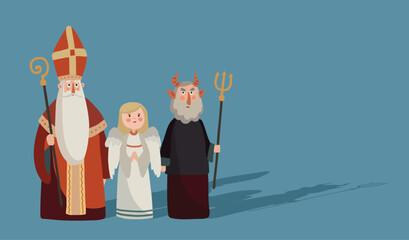 Fototapeta premium Cute hand drawn Saint Nicholas, angel, devil. St. Nicholas day greeting card, invitation. Winter season background. Czech Mikulas, Dutch Sinterklaas tradition. Flat design, vector illustration banner.