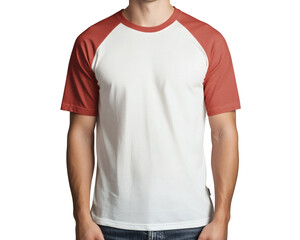 Trendy casual style featuring a white raglan tee shirt with red sleeves, ideal for fashion mockups and apparel designs