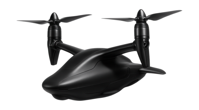 Tilt-rotor drone featuring dual pivoting propellers and a sleek body design.