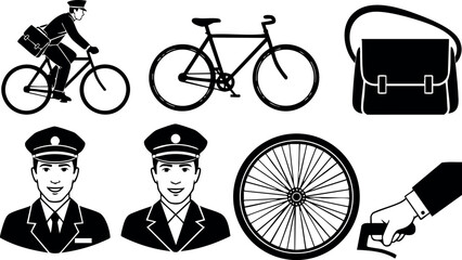 Vector set of postal worker bicyclist and related delivery icons
