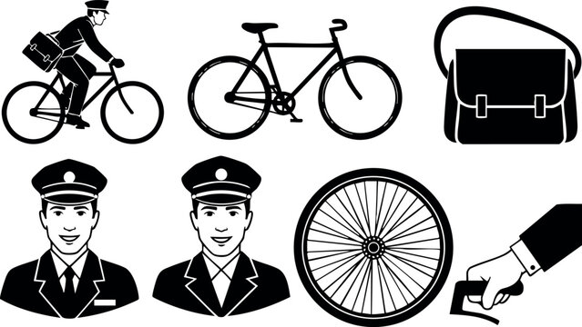 Vector set of postal worker bicyclist and related delivery icons