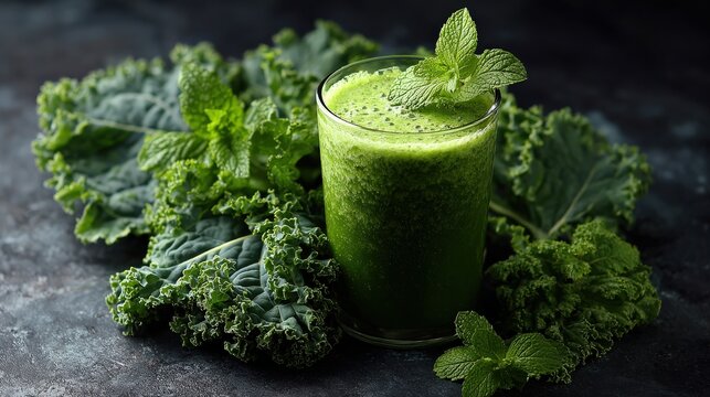 Healthy vibrant green beverage surrounded by fresh leafy vegetables and aromatic herbs