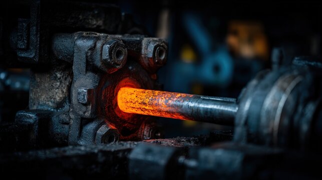 Incandescent metal rod passes through heavy industrial machinery during a manufacturing process