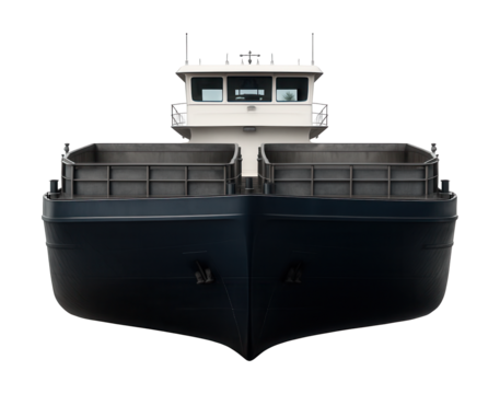 Two-level barge featuring cargo holds and an elevated control cabin.