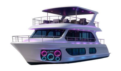 Two-level party vessel featuring vibrant lights and a sound system.