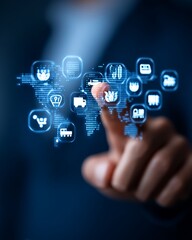 Person’s hand, Corn, Trade, Commodity Market, Strategic Export Planning: Person Pointing at Map with Corn Logistics Icons for Global Routes