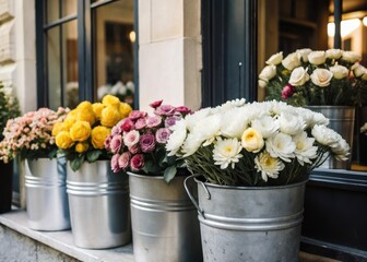Here is the output  Vibrant blooms arranged in rustic metal containers outside a charming shop waiting to be selected