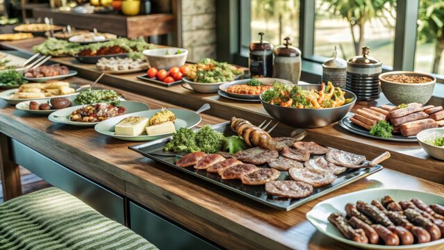 A culinary feast unfolds in a warm and inviting restaurant setting, featuring an impressive array of grilled meats and an extensive buffet spread