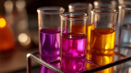 A Vibrant Display of Colorful Chemical Solutions in Test Tubes Showcasing a Scientific Experiment in Progress