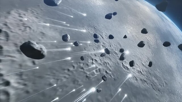 A vivid cosmic illustration depicting a planetary surface under an apocalyptic barrage of meteors and asteroids, with luminous impacts scarring the celestial body during an intense event