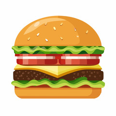 Delicious Cartoon Burger with Lettuce Tomato Cheese and Sesame Seed Bun.