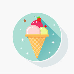 Delicious Cartoon Ice Cream Cone with Strawberry Topping.
