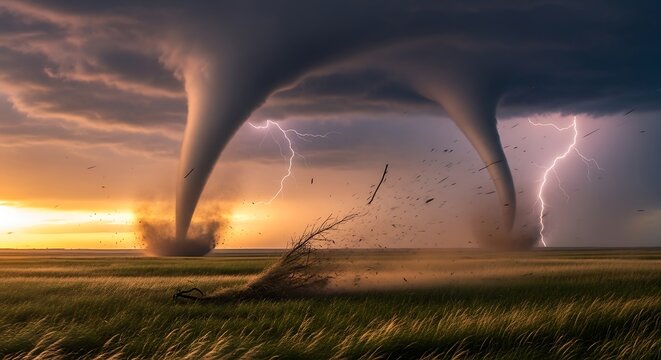 Dramatic Twin Tornadoes and Lightning Strike During a Sunset Storm.