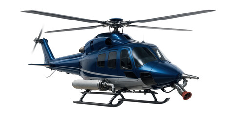 Firefighting helicopter in blue and silver, equipped with a side-mounted water cannon.