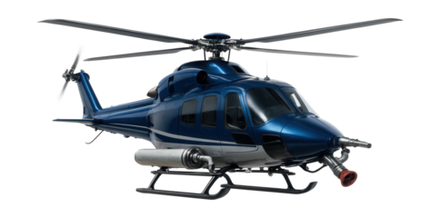 Firefighting helicopter in blue and silver, equipped with a side-mounted water cannon.