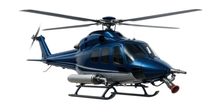 Firefighting helicopter in blue and silver, equipped with a side-mounted water cannon.