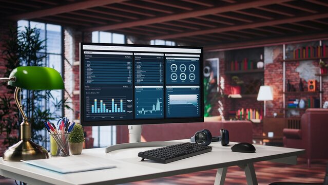 Loft with computer displaying SEO trends and targeted data insights, spacious luxury apartment home office featuring wood and glass furniture. Minimalist decor for serene atmosphere. - Powered by Adobe