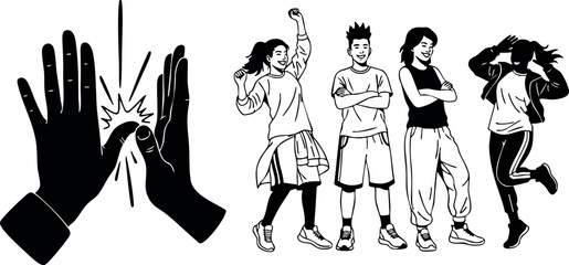 High five gesture with diverse group of four young people celebrating