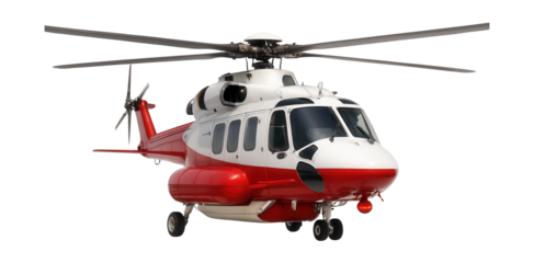 Firefighting helicopter in white and red, featuring a large water tank.