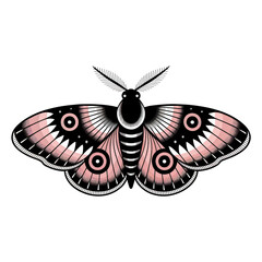 Boho ethnic pink moth clipart. Cartoon illustration isolated on white background.