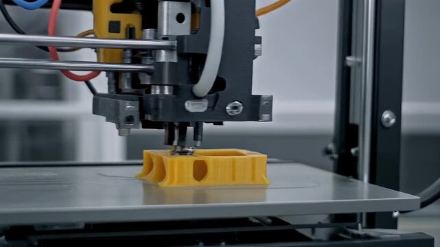 3D printer creating yellow object with precision.