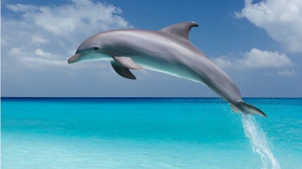 Obraz premium cetacean. Dolphin leaping from turquoise ocean waters, dynamic marine life in motion. wildlife magazines, conservation campaigns, designed for nature documentaries and education.