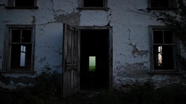 Dilapidated two story house at dusk or dawn