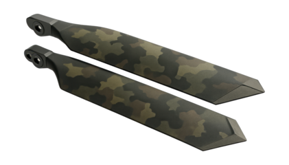 Camouflaged rotor blades featuring angular tips.