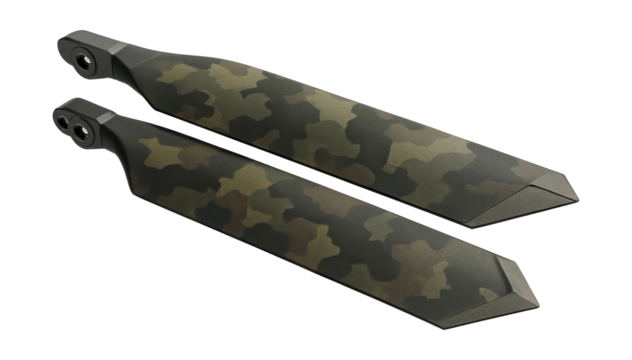 Camouflaged rotor blades featuring angular tips.