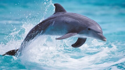 Obraz premium cetacean. Dolphin leaping from turquoise ocean waters, dynamic marine life in motion. wildlife magazines, conservation campaigns, designed for nature documentaries and education.
